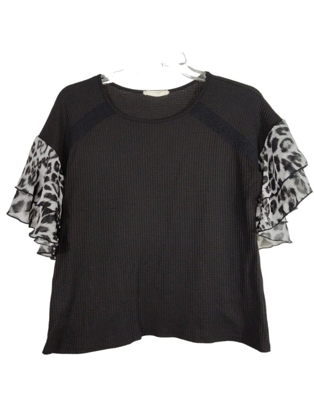 Blue Brand Black Thermal Waffle Knit Top Women Size L Flutter Animal Print Slv